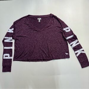Pink Victorias Secret Burgundy Logo Long Sleeve Cropped Top Women’s Size Large